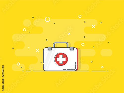 First aid kit medical. Health, help and medical diagnostics concept. Trendy flat vector on yellow background.