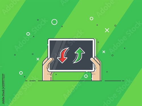 Hands holding player substitution board. Trendy flat vector on green background. Vector Illustration. 