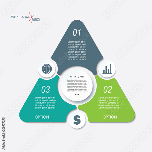 Business concept design with triangle and 3 segments. Infographic template can be used for presentation, web design, workflow or graphic layout, diagram, numbers options