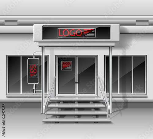Template for advertising 3d store front facade. Shop exterior with door, corporate identity. Blank mockup of storefront and shop exterior. Vector illustration