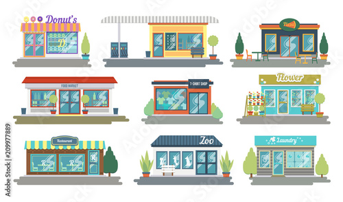 Fototapeta Naklejka Na Ścianę i Meble -  Set of vector flat design restaurants and shops facade icons. Includes shop of donuts and sweets, clothing store, flower shop, fueling, Laundry and other