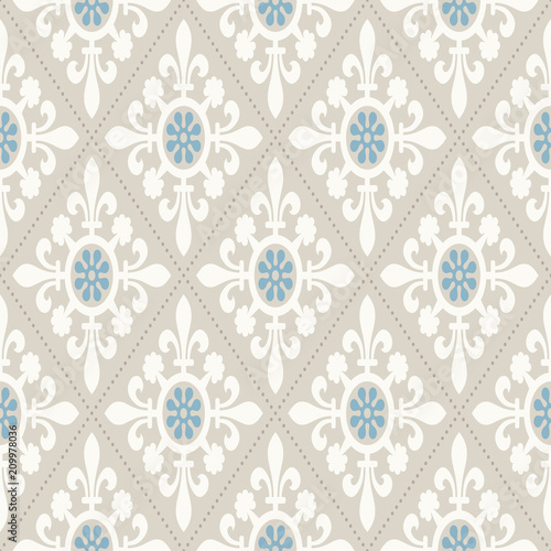 Vintage wallpaper. Modern geometric pattern, inspired by old wallpapers. Nice retro colors - grey beige and calm blue.