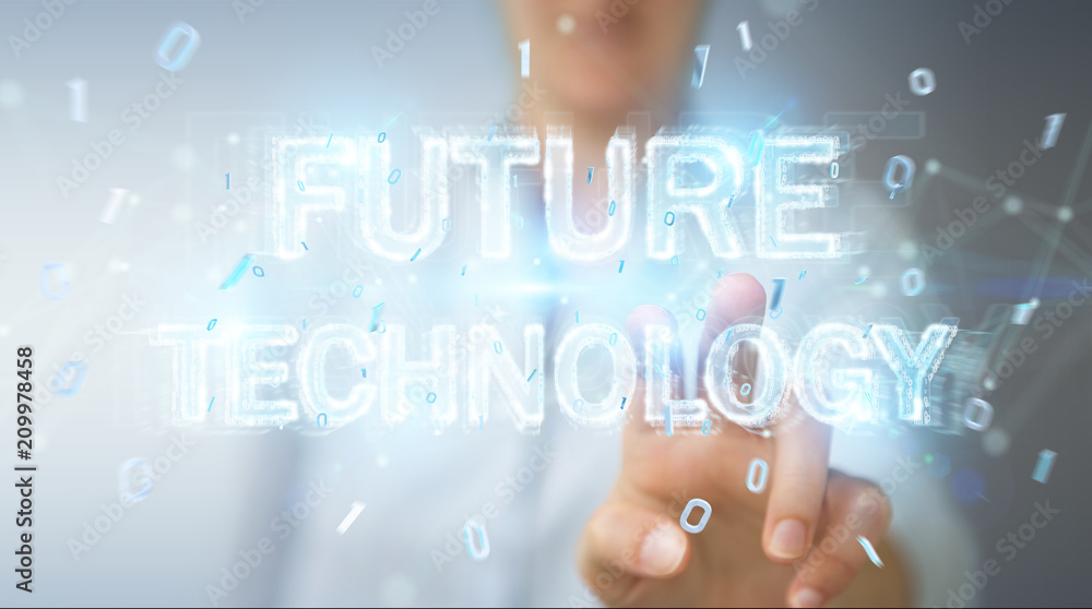 Businesswoman using future technology text interface 3D rendering Businesswoman using future technology text interface 3D rendering