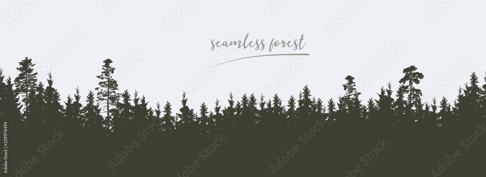 Seamless, wide green silhouette of tree and forest peaks, isolated on background Seamless, wide green silhouette of tree and forest peaks, isolated on background