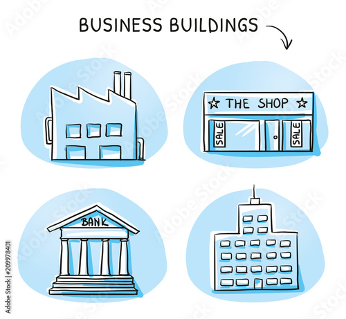 Set of building icons, office, shop, factory, bank. Hand drawn cartoon sketch vector illustration, blue marker style coloring. 