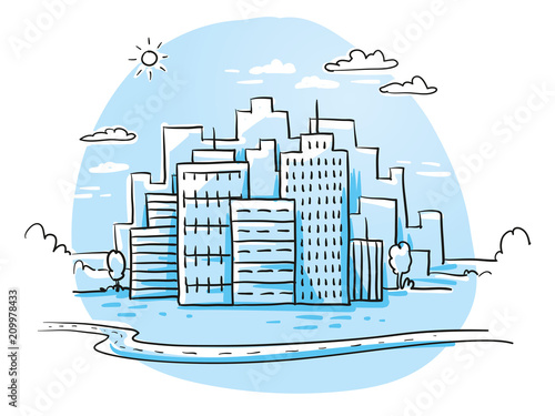 City view with office buildings and road. Hand drawn cartoon sketch vector illustration, blue marker style coloring. 