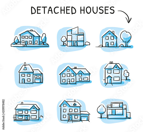 Set of three different houses, detached, single family houses with gardens. Hand drawn cartoon sketch vector illustration, blue marker style coloring. 