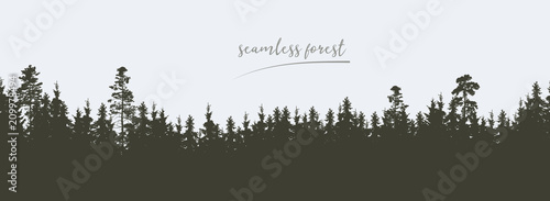 Seamless, wide green silhouette of tree and forest peaks, isolated on background