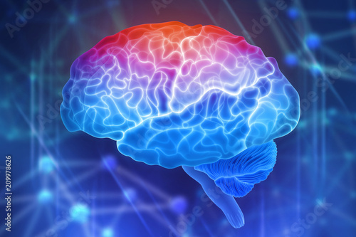 Human brain on a blue background. Active parts of the brain. Creating a computer mind. 3D illustration of the application of innovation in science