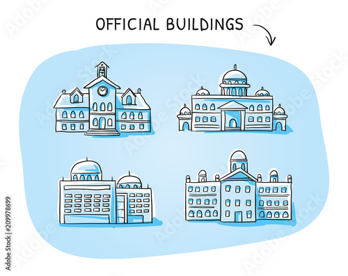 Set of different official buildings, central station, city hall, court, seat of government. Hand drawn cartoon vector illustration.