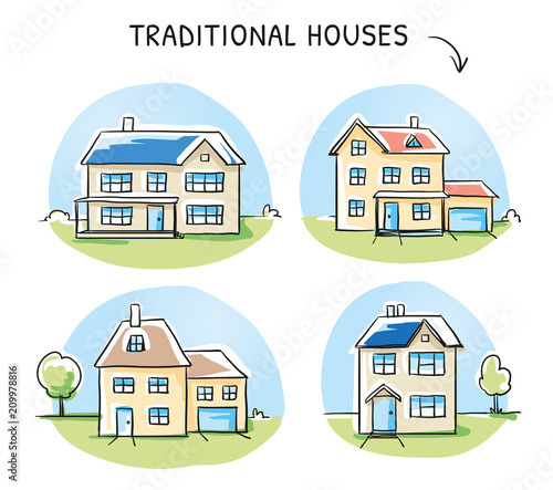 Set of 4 different colorful houses, detached, single family houses with gardens and garage. Hand drawn cartoon sketch vector illustration, marker style coloring. 