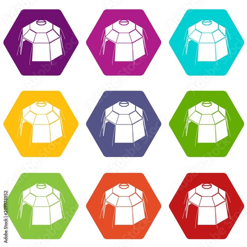 Hexagonal tent icons 9 set coloful isolated on white for web