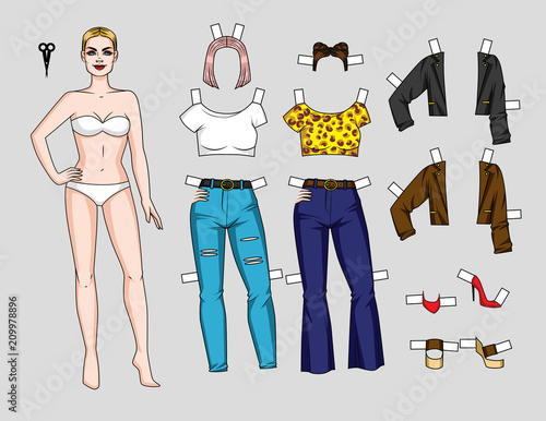 Vector colorful illustration of a cartoon game with fashionable girl standing in front  with set of clothes. Paper doll with stylish collection boho and chic style