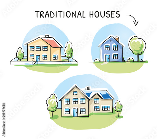 Set of 3 different colorful houses, detached, single family houses with gardens. Hand drawn cartoon sketch vector illustration, marker style coloring. 