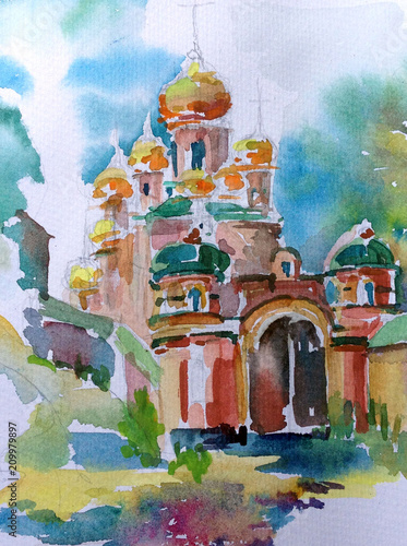 watercolor painting architecture church building historic ansient nature europe landmark travel tourism