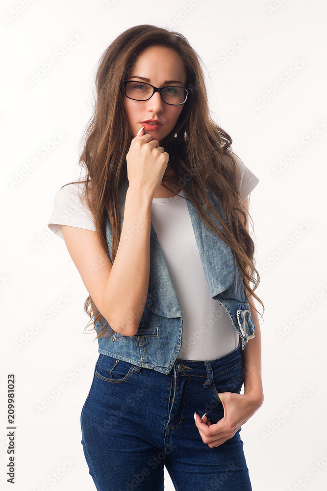 woman white background pink t-shirt jeans white t-shirt, casual, sport style woman white background pink t-shirt jeans white t-shirt, casual, sport style