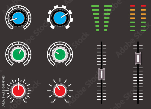 Set of volume control on black backgrounds. Flat vector