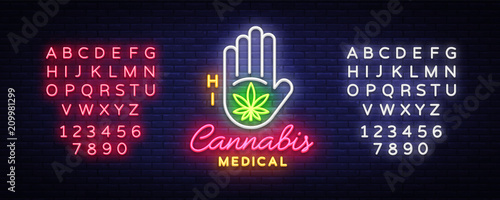 Marijuana medical neon sign and logo, graphic template in modern trend style. Cannabis is an organic hemp. Green farm Vector Illustrations. Editing text neon sign