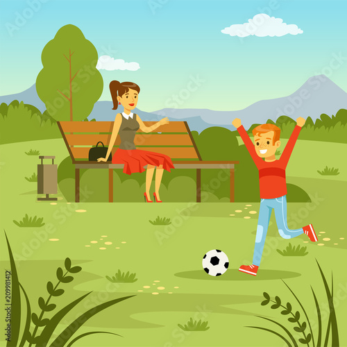 Little boy playing with ball on the lawn  his mom sitting on the bench on nature background  family leisure flat vector illustration