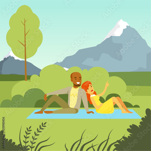 Happy couple lying on the lawn in the park enjoying relax on nature background, flat vector illustration