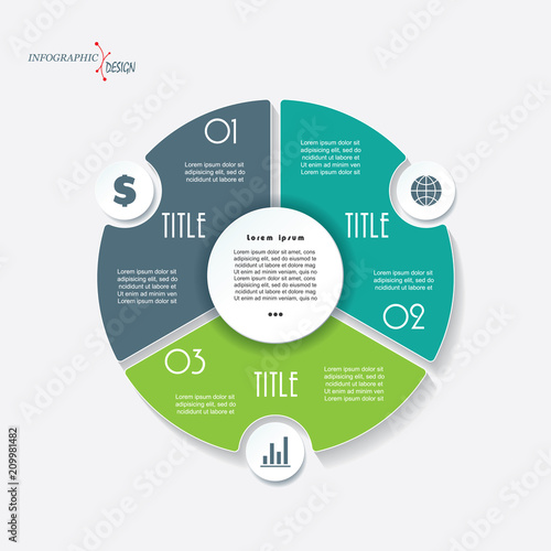 Infographic business template for project or presentation with 3 segments and circle. Vector illustration can be used for web design, workflow or graphic layout, diagram, education
