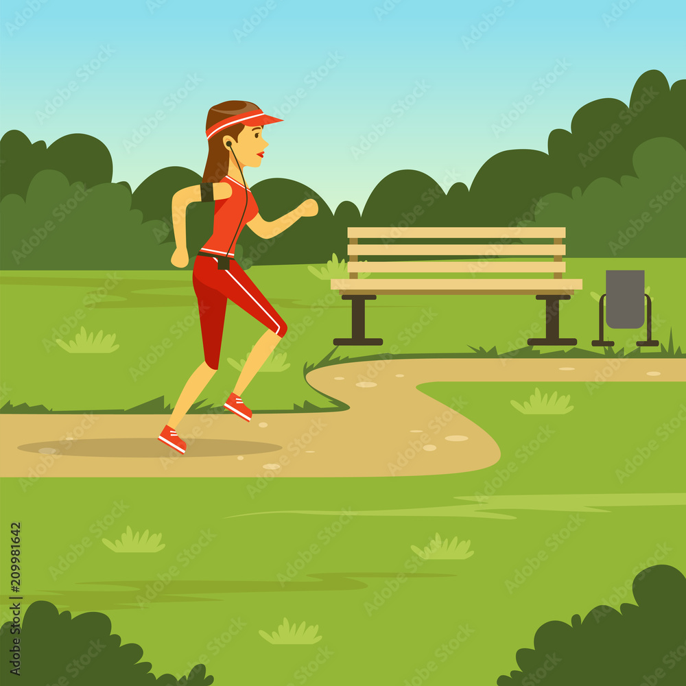 Girl running in summer park, flat vector illustration