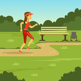 Girl running in summer park, flat vector illustration