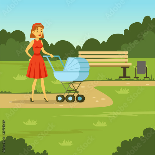 Young mother walking with baby carriage in the park, flat vector illustration