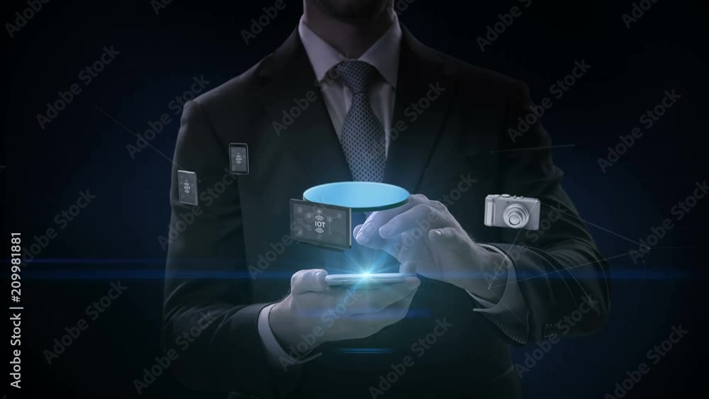 Businessman click smart phone, mobile, Various mobile devices connecting 'Internet of things' technology. 4k movie.