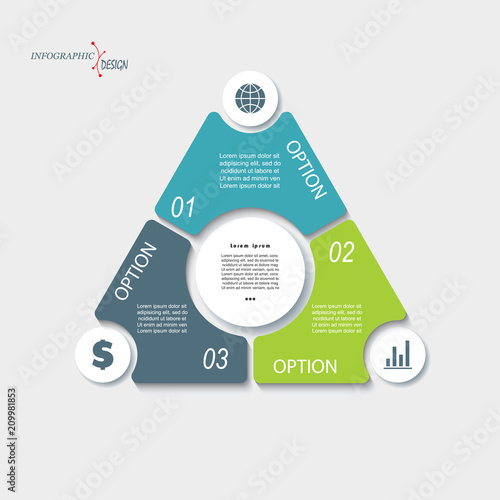 Business concept design with triangle and 3 segments. Infographic template can be used for presentation, web design, workflow or graphic layout, diagram, numbers options