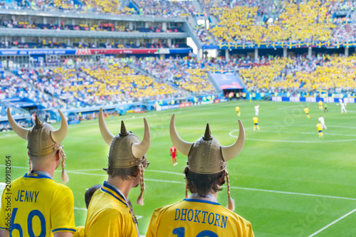 Fans of the Swedish national team cheer for their team. photo