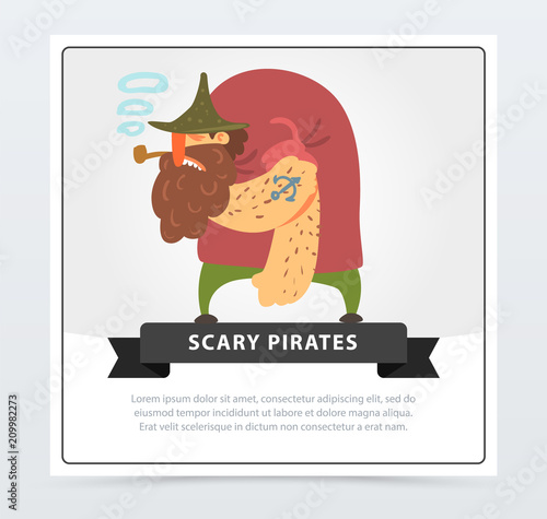 Muscular pirate, bearded filibuster smoking pipe, scary pirates flat vector ilustration