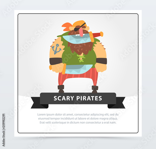 Powerful pirate, bearded filibuster holding dagger with his teeth, scary pirates flat vector ilustration
