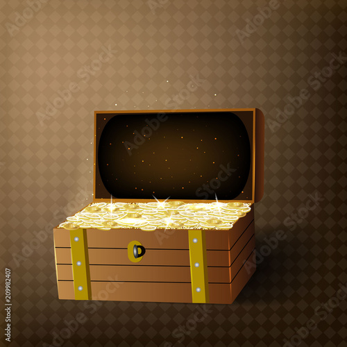 Trunk chests with gold coins treasures. Isolated on transparent background.