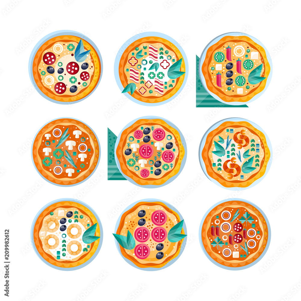 Hot whole pizza set, freshly baked pizza with various ingredients vector Illustration on a white background Hot whole pizza set, freshly baked pizza with various ingredients vector Illustration on a white background