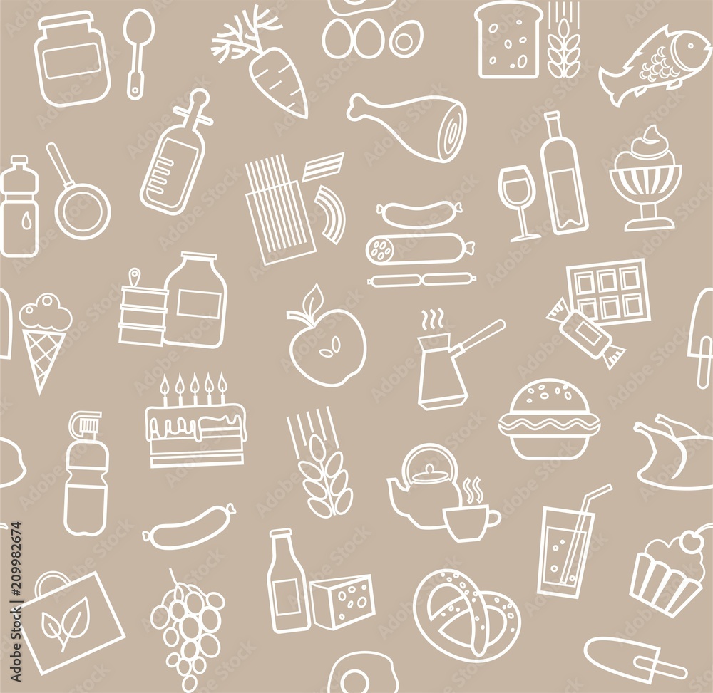 Food, seamless pattern, gray, contour, grocery, vector. Food and drinks, production and sale. Vector background. White line icons on a gray-brown field.  