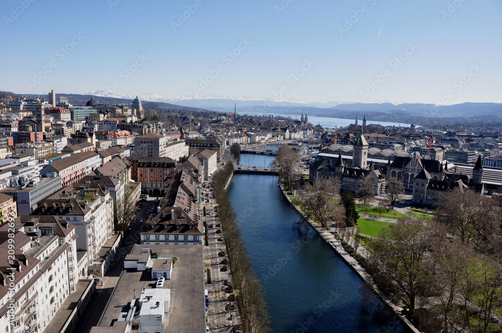 panoramic view of the old town of Zürich-City with the Limmat-River, the railway station at the Platzspitz-Park from Mariott Hotel
