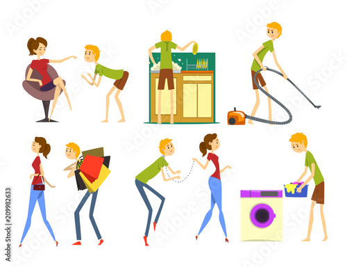 Henpecked man set, husband dominated by wife, househusband doing household cartoon vector Illustrations on a white background