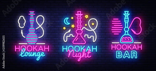 Hookah neon signs collection vector. Night Hookah Design Template, Light Banner, Night Bright Advertising, Bright Signboard, Design Element Hookah Emblem, Nightlife. Vector illustration
