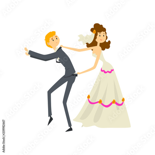 Couple of newlyweds, bride manipulating her groom cartoon vector Illustration on a white background