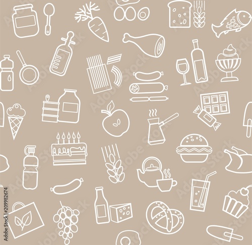 Food, seamless pattern, gray, contour, grocery, vector. Food and drinks, production and sale. Vector background. White line icons on a gray-brown field. 
