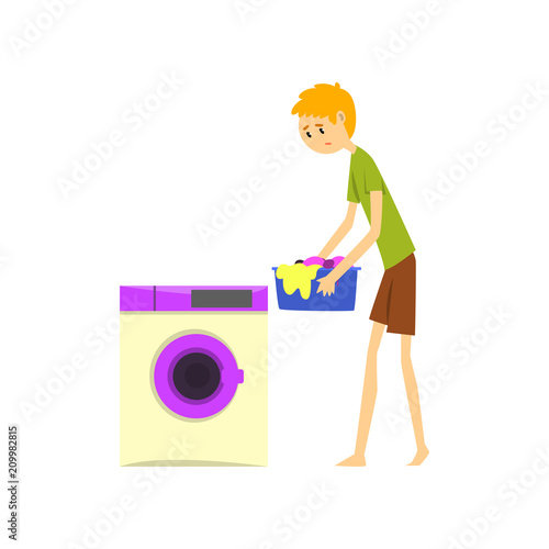 Henpecked man, husband doing laundry, househusband doing household cartoon vector Illustration on a white background