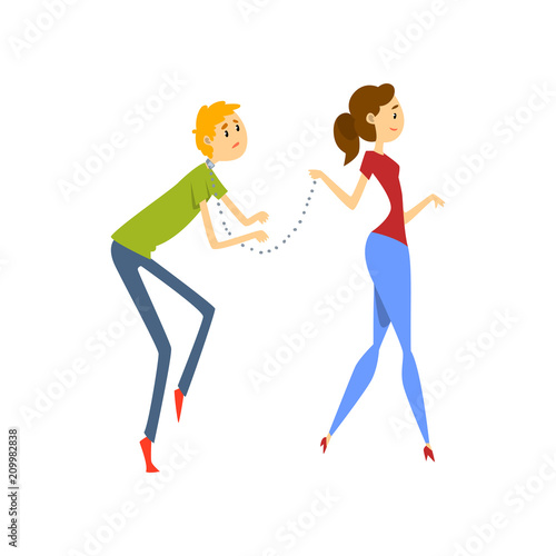 Wife leading her henpecked husband on a leash, husband dominated by wife cartoon vector Illustration on a white background