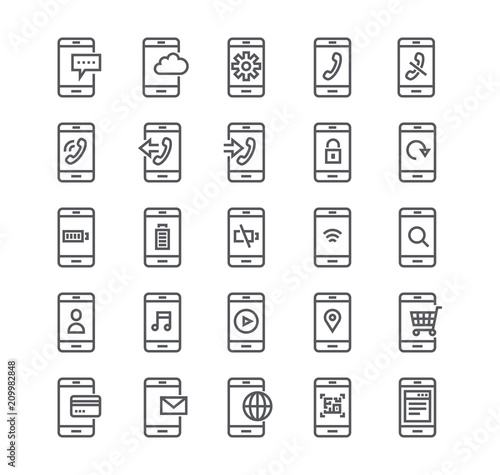 Editable simple line stroke vector icon set,Smartphones in various situations, phone calls, rejection, safety, multimedia, battery, voip and more.48x48 Pixel Perfect.