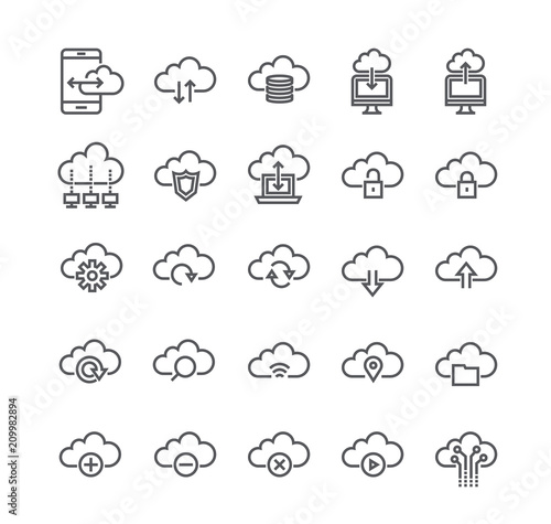 Editable simple line stroke vector icon set,Computer Cloud Internet System, Data Sharing, Transfer, Settings, Synchronization, Safety, Server.48x48 Pixel Perfect.