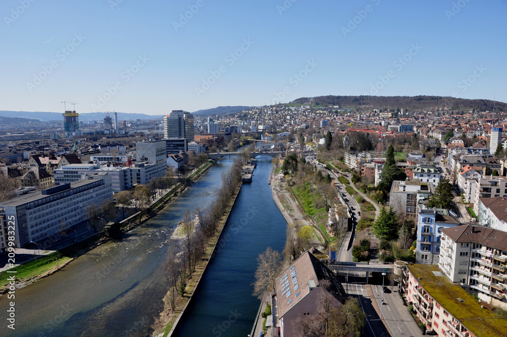 Panoramic view of Zürich-City, the Limmat River looking to the westend from Mariott Hotel,