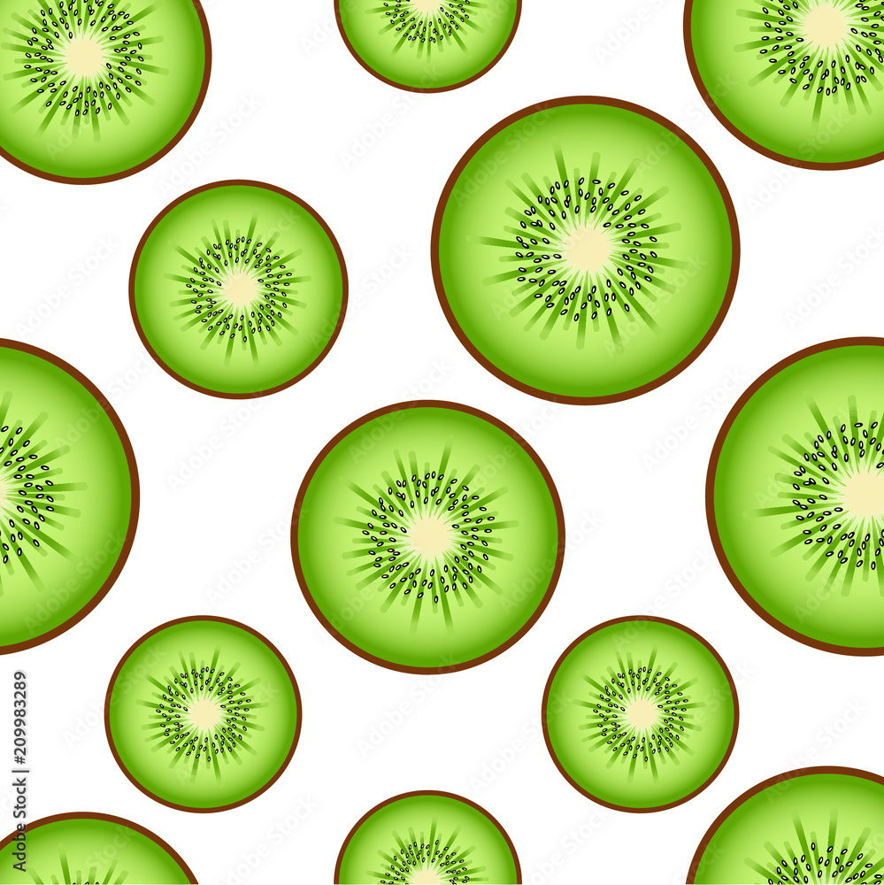 Seamless background with green kiwi slices on white.