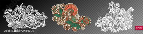 set of three paisley flower design isolated on a transparent bac