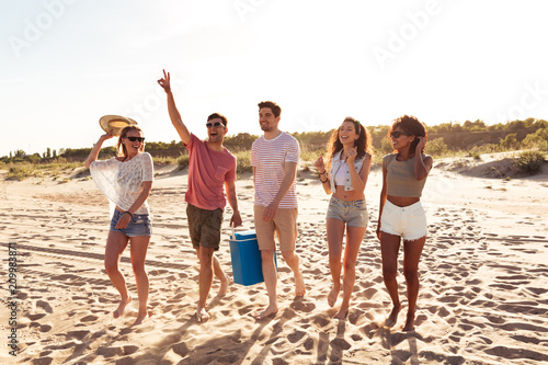 Group of laughing young friends in summer clothes