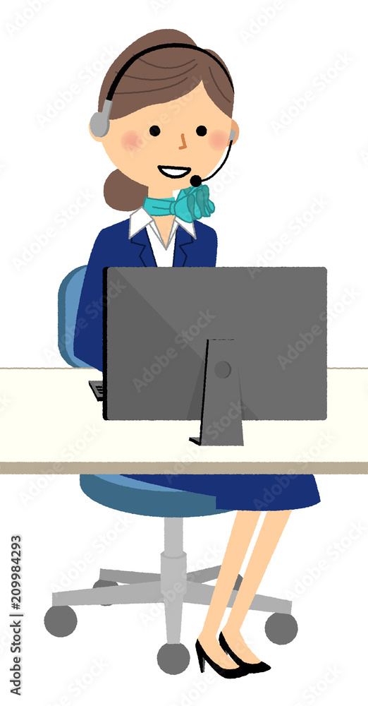 制服の女性　PCとイヤホンマイク